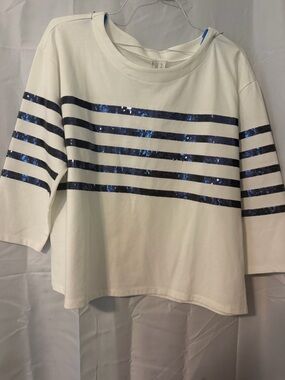 Cato White Short Sleeve Tee with Navy Sequin Stripes